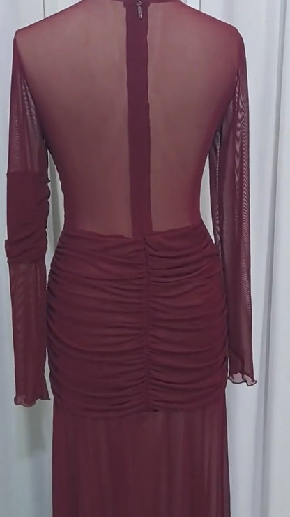 Women's Elegant Mesh Patchwork Bodycon Dress Long Sleeve Sexy Double Layer See-Through Club Evening Party Vestido