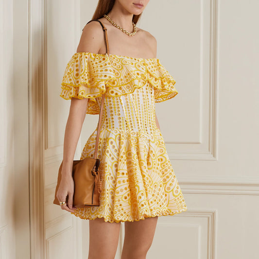 Women's Fashion Elegant Embroidery Hollow-out Cinched Slimming Dress