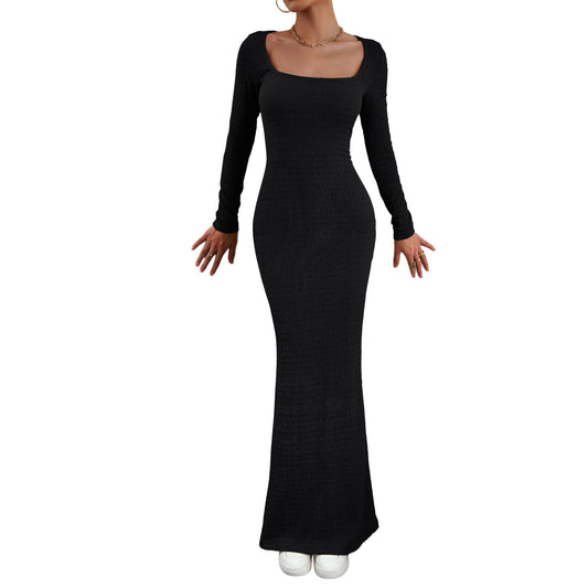 Women's Fashionable Elegant Slim Fit Square Collar Long-sleeved Knitted Dress