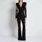Elegant V-neck One-piece Trousers Stitching Lace Rhinestone Long Sleeve Evening Dress