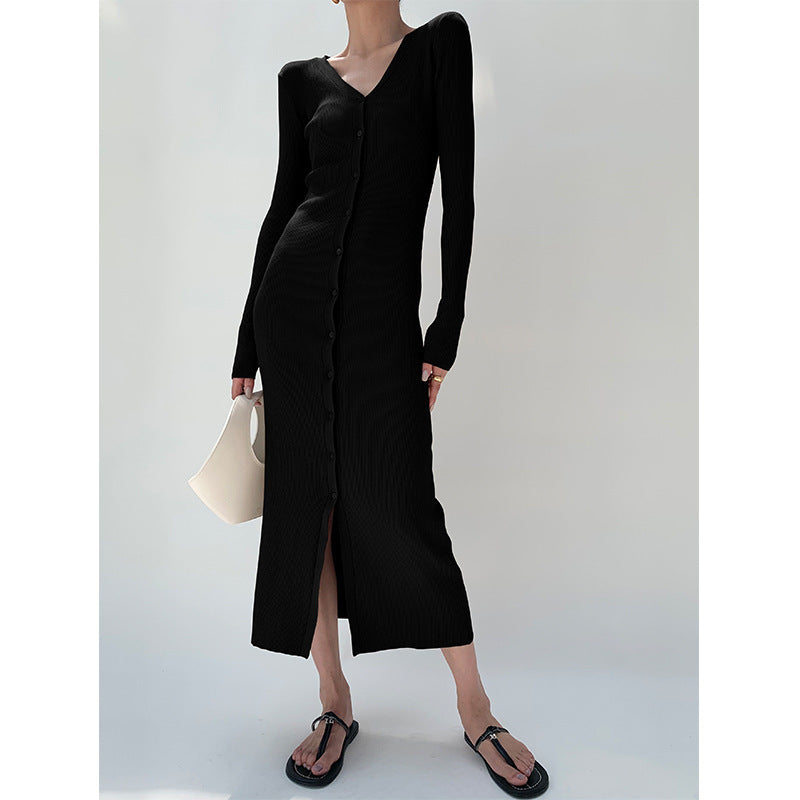 Slim-fit Slimming Elegant Single-breasted Sheath V-neck Knitted Dress