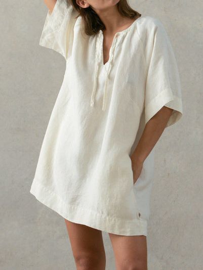 Women's Fashionable Elegant Cotton And Linen V-neck Lace-up Dress