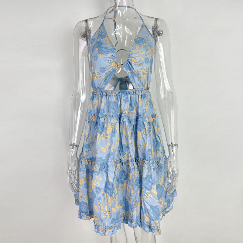 Hollow Out Strap V-neck Elegant Halter Printing Slip Dress