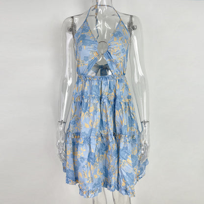 Hollow Out Strap V-neck Elegant Halter Printing Slip Dress