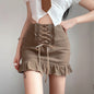 Women's Skinny Panel Lace-Up Brown Ruffle Pack Hip Skirt