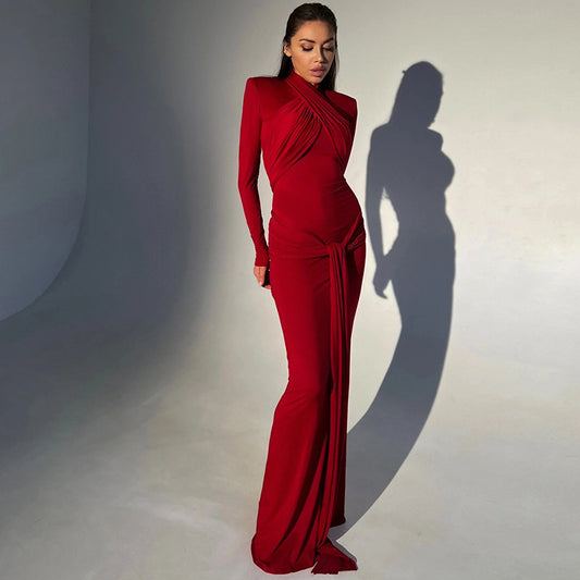 Cinched Waist Slim-fit Long Sleeve Padded Shoulder Long Elegant Dress