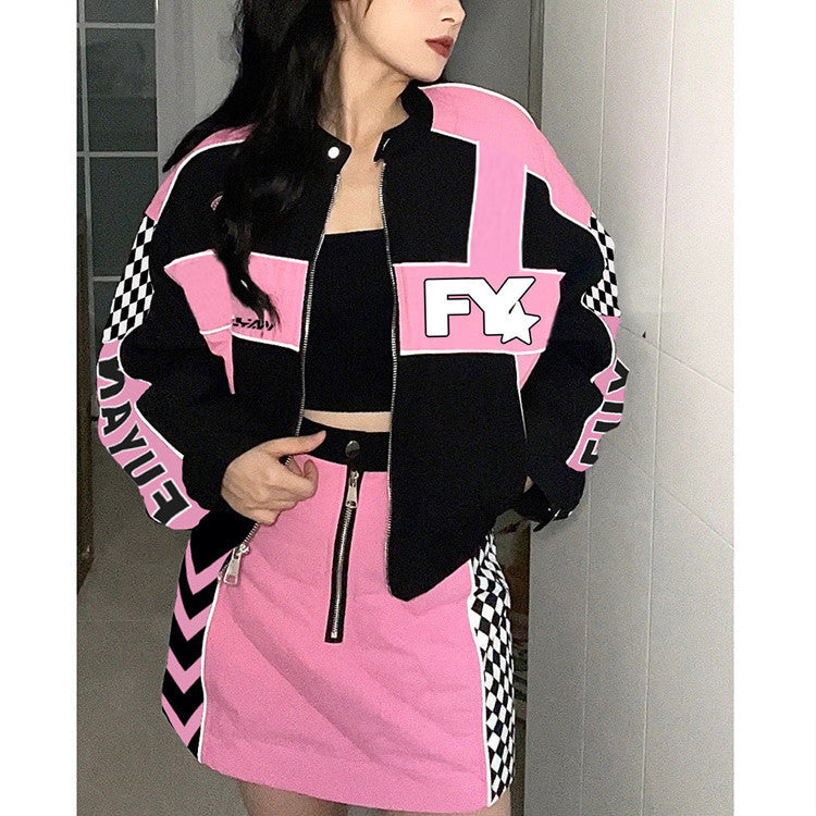 Women's Fashion Biker Baseball Jacket Skirt Set
