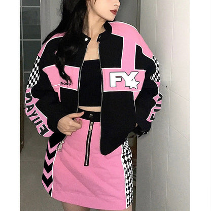 Women's Fashion Biker Baseball Jacket Skirt Set