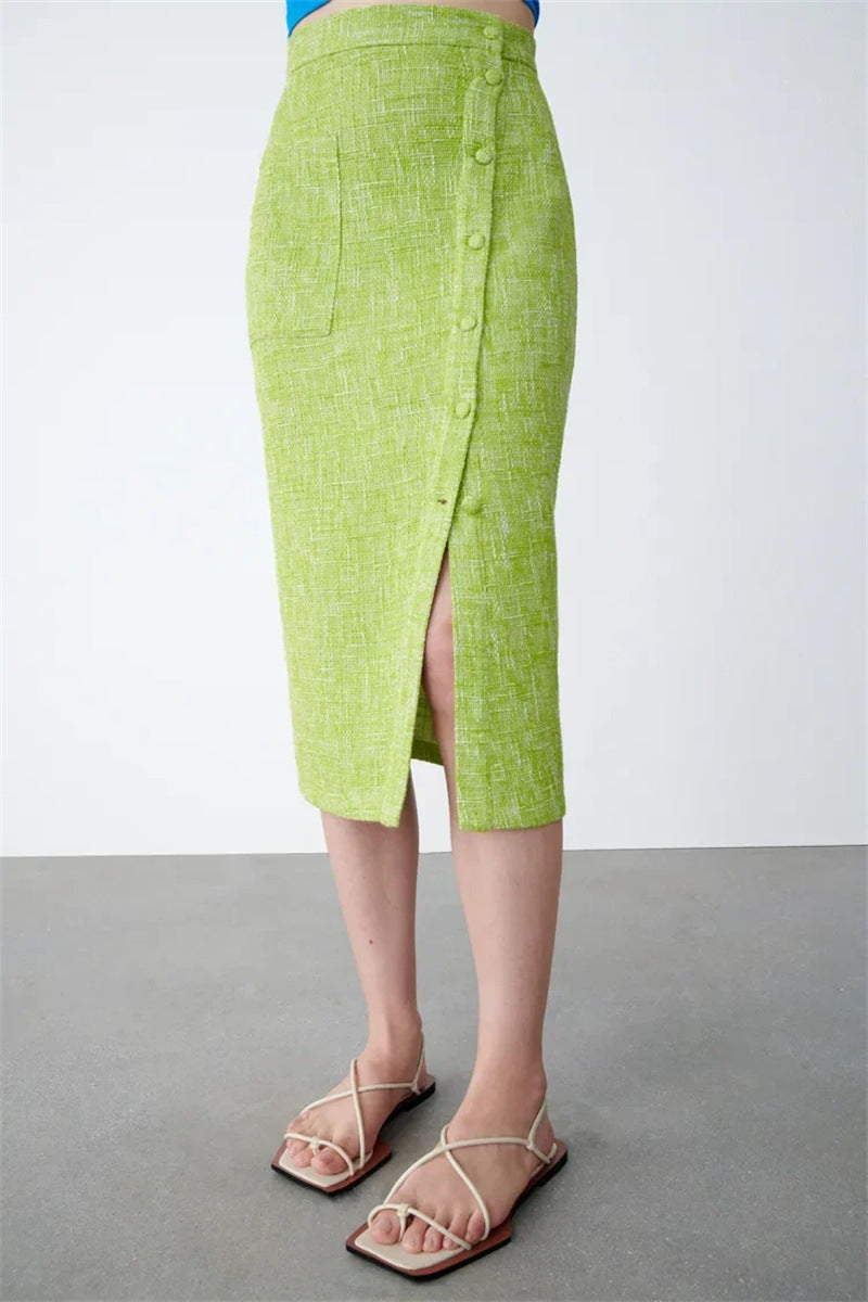Women's Green Textured Slit High Waist Midi Skirt