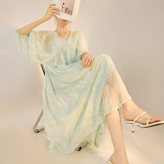 Summer New Chinese Style Elegant Dress National Style New Loose Sequins