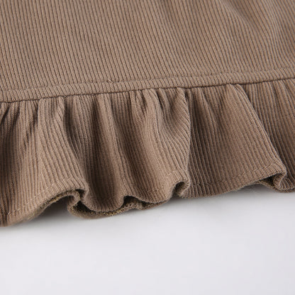 Women's Skinny Panel Lace-Up Brown Ruffle Pack Hip Skirt
