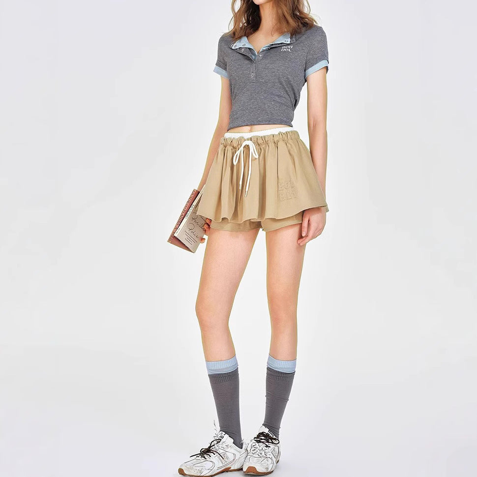 Wear Khaki Low Waist Drawstring Lace Puff Short Skirt