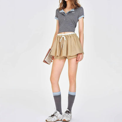 Wear Khaki Low Waist Drawstring Lace Puff Short Skirt