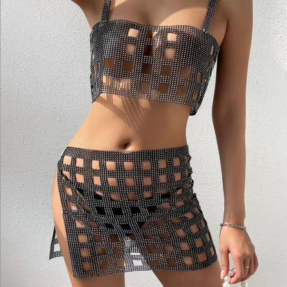 Sexy Fishnet Rhinestone Halterneck With Suspenders Hollow Vest Skirt