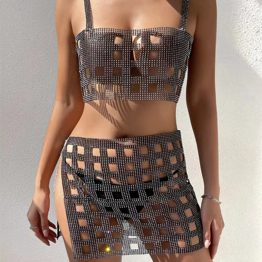 Sexy Fishnet Rhinestone Halterneck With Suspenders Hollow Vest Skirt