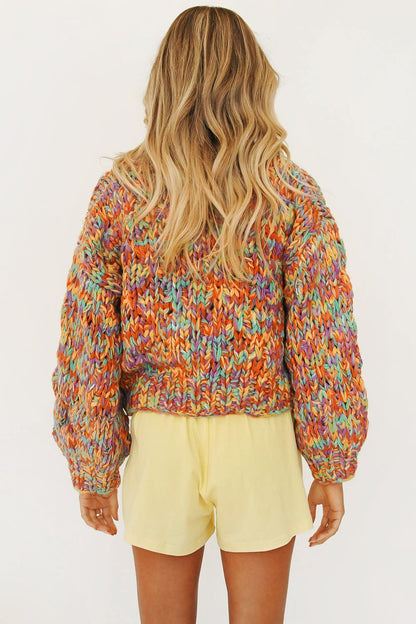 Hand-woven VG Rainbow Woven Lantern Sleeve Knitted Cardigan