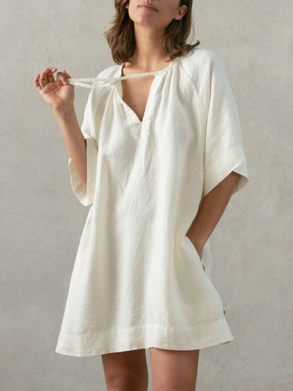 Women's Fashionable Elegant Cotton And Linen V-neck Lace-up Dress