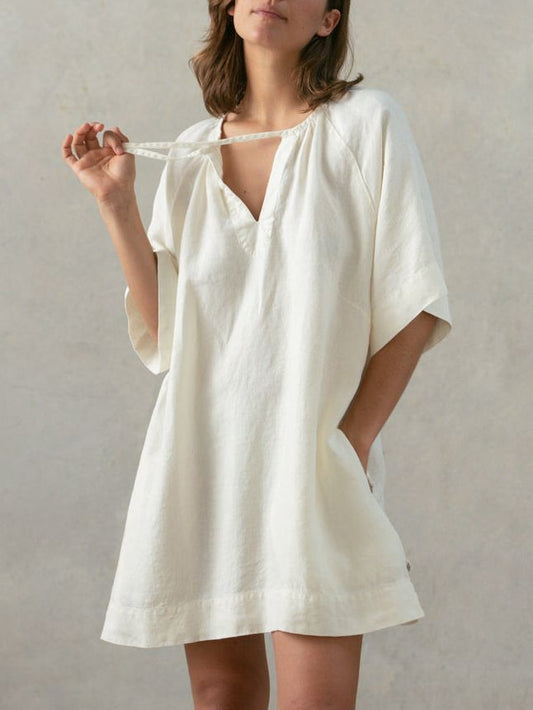 Women's Fashionable Elegant Cotton And Linen V-neck Lace-up Dress