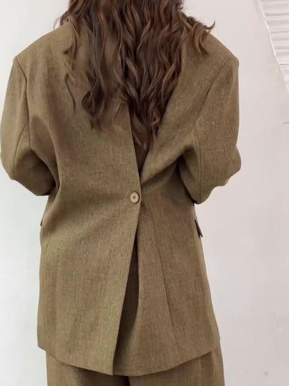 Solid Color Slit Back Buttoned Waist Blazer & High Waist Pants Set