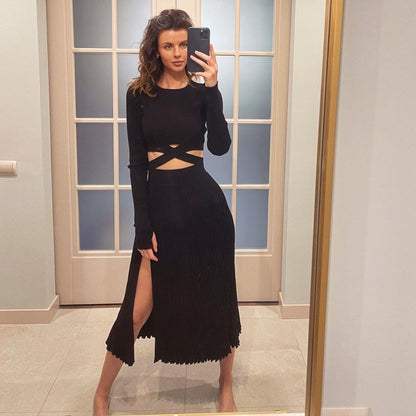 Pleated Skirt Lace-up Woolen Suit Women