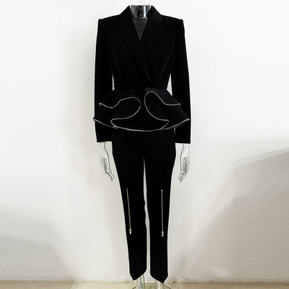 Zipper Ruffled Blazer Skinny Pants Suit Two-piece Suit