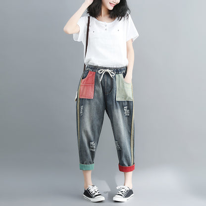Artistic Contrast Color Washed Worn Jeans Women's All-matching Loose Casual Harem Pants