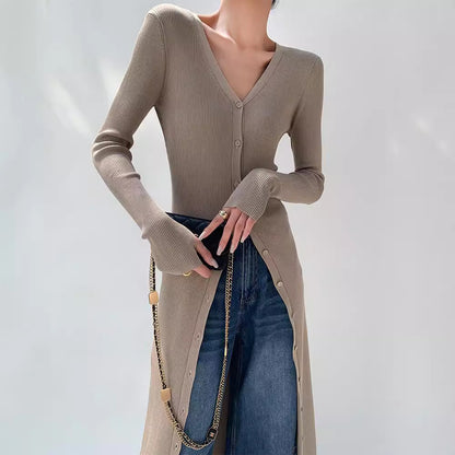 Slim-fit Slimming Elegant Single-breasted Sheath V-neck Knitted Dress