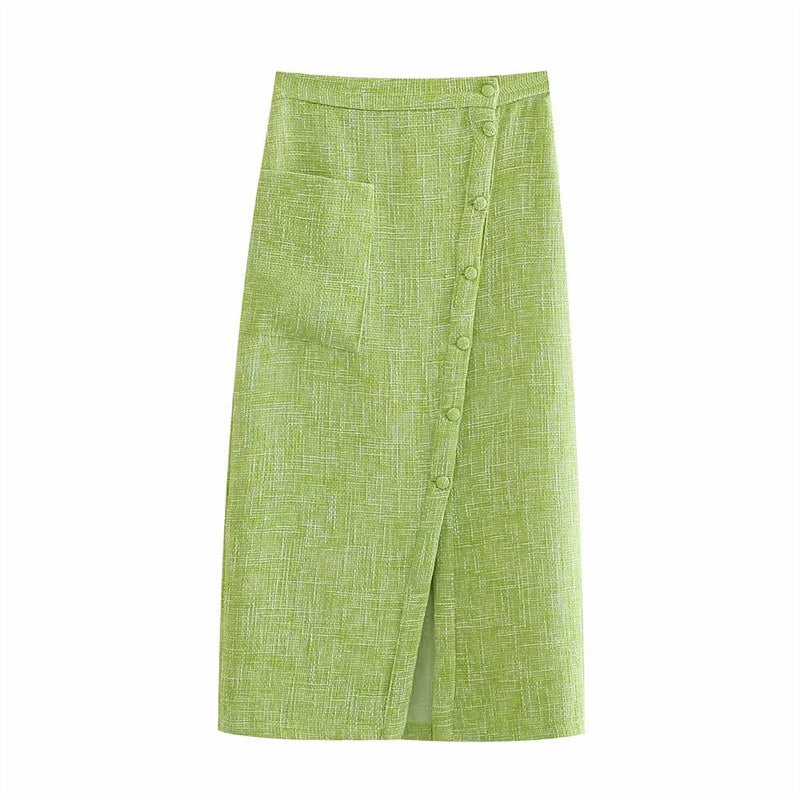 Women's Green Textured Slit High Waist Midi Skirt