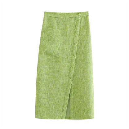 Women's Green Textured Slit High Waist Midi Skirt