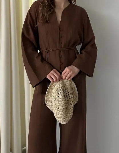 Coffee Colored Solid Color Elegant Two-piece Set