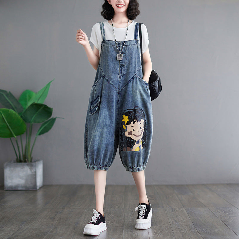 Retro Plus Size Cartoon Age Reduction Girl Print Denim