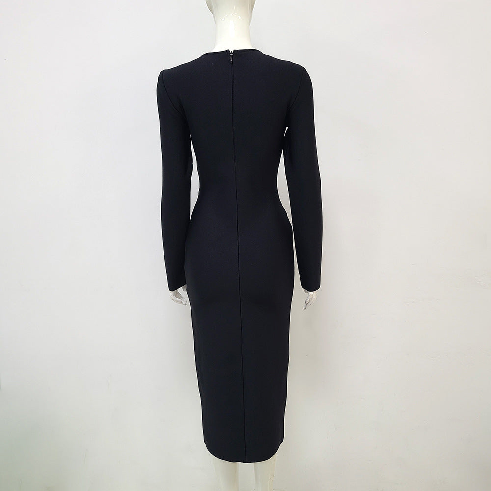 Long Sleeve Elegant Fishnet Hollow Hot Rhinestone Bandage One-piece Dress