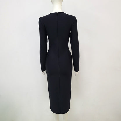 Long Sleeve Elegant Fishnet Hollow Hot Rhinestone Bandage One-piece Dress