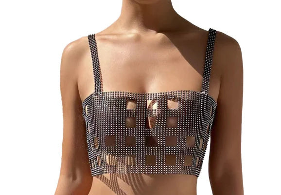 Sexy Fishnet Rhinestone Halterneck With Suspenders Hollow Vest Skirt