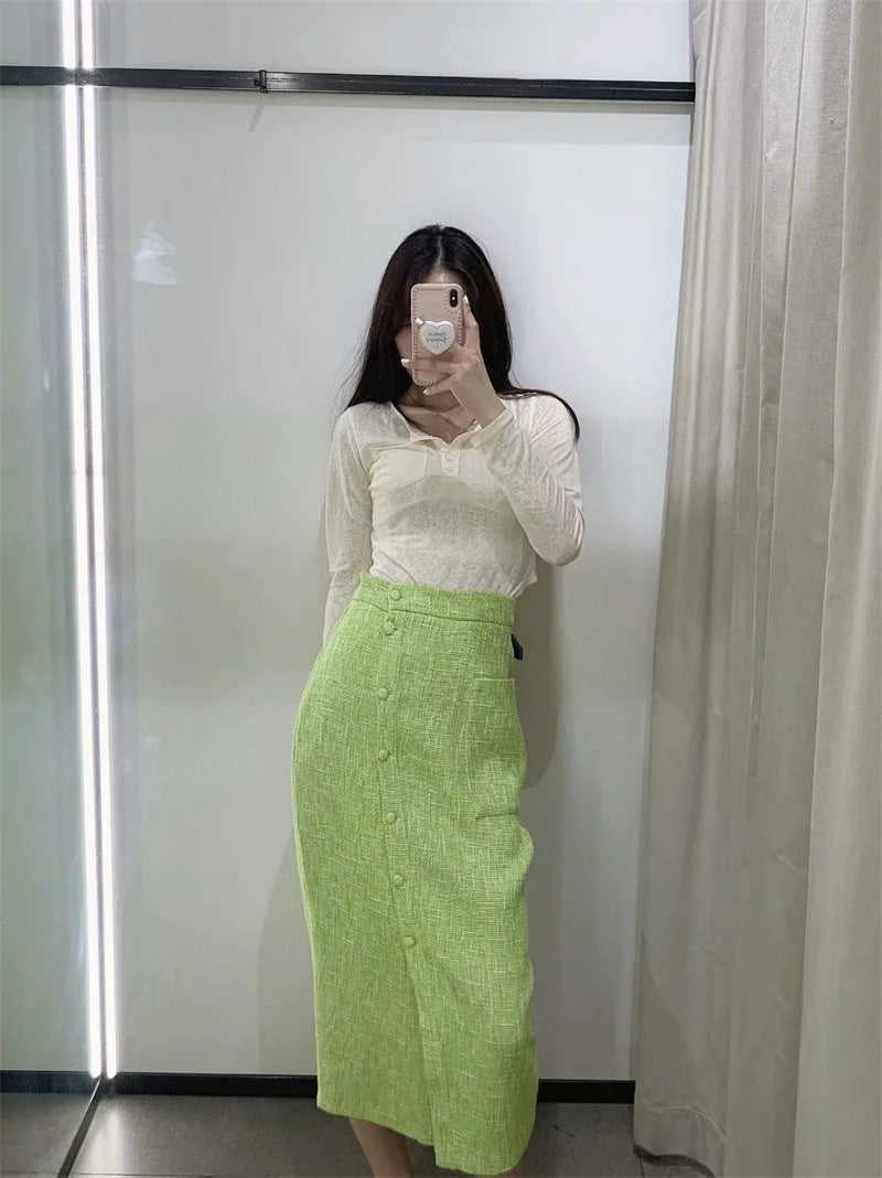 Women's Green Textured Slit High Waist Midi Skirt