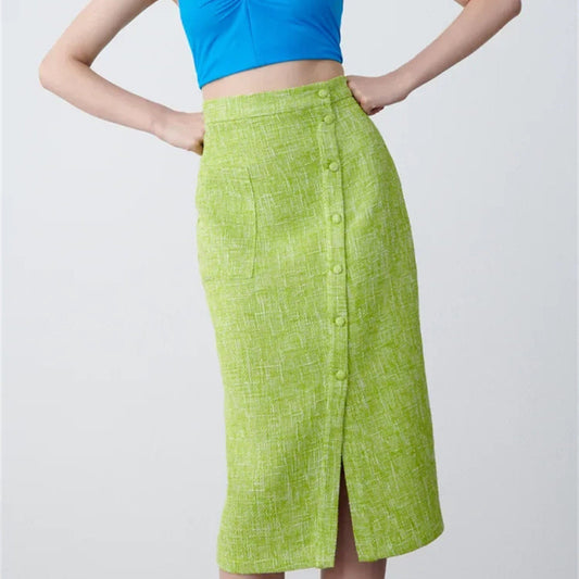 Women's Green Textured Slit High Waist Midi Skirt