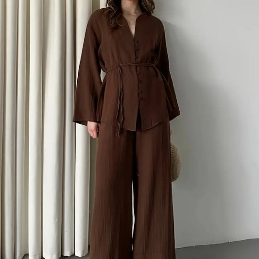 Coffee Colored Solid Color Elegant Two-piece Set