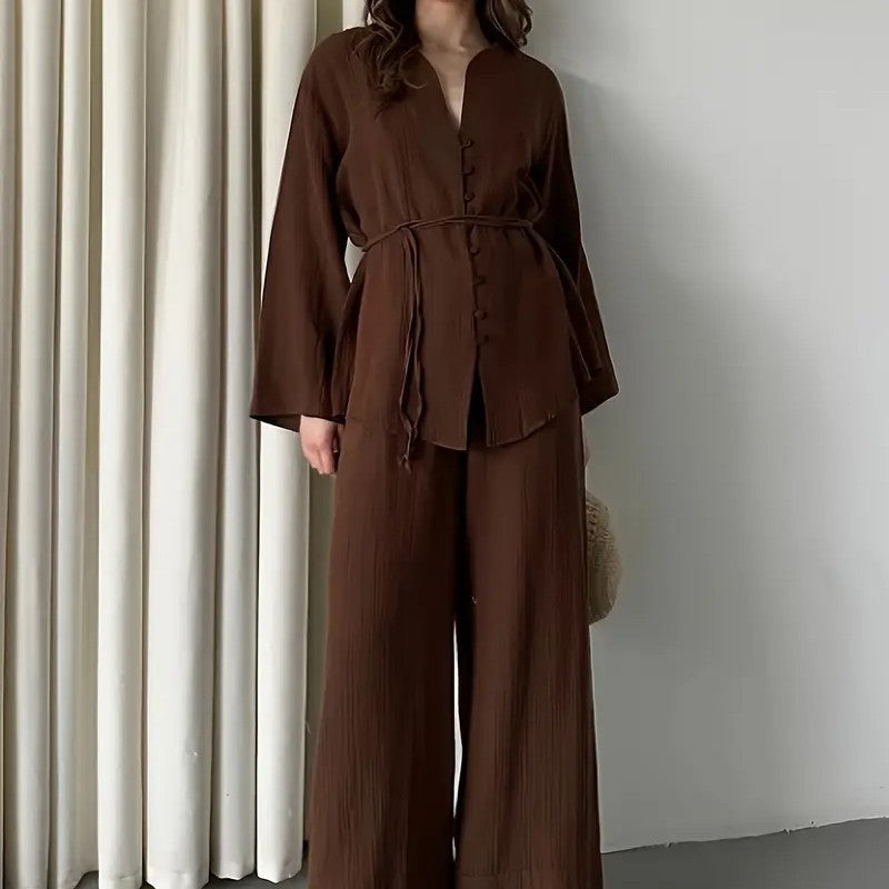 Coffee Colored Solid Color Elegant Two-piece Set