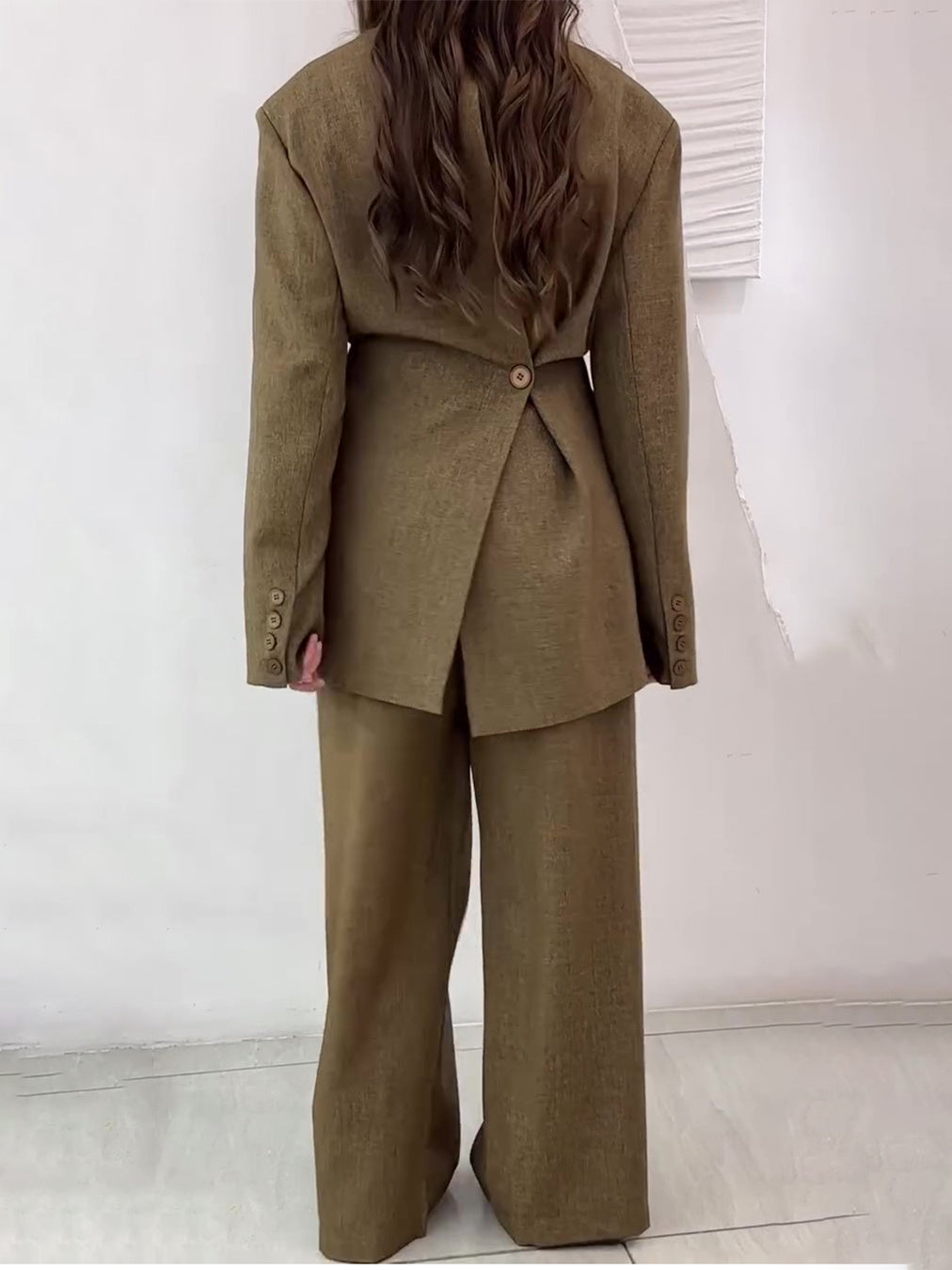 Solid Color Slit Back Buttoned Waist Blazer & High Waist Pants Set