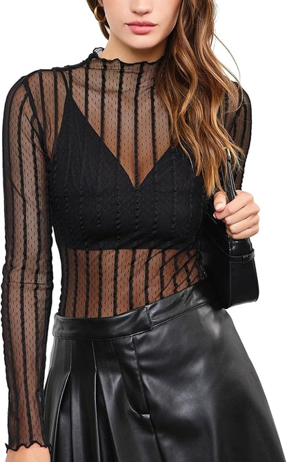 Women’s Lace Mesh  - Turtle Neck Sexy See Through Tee Shirts Party Club Night Lace Blouse