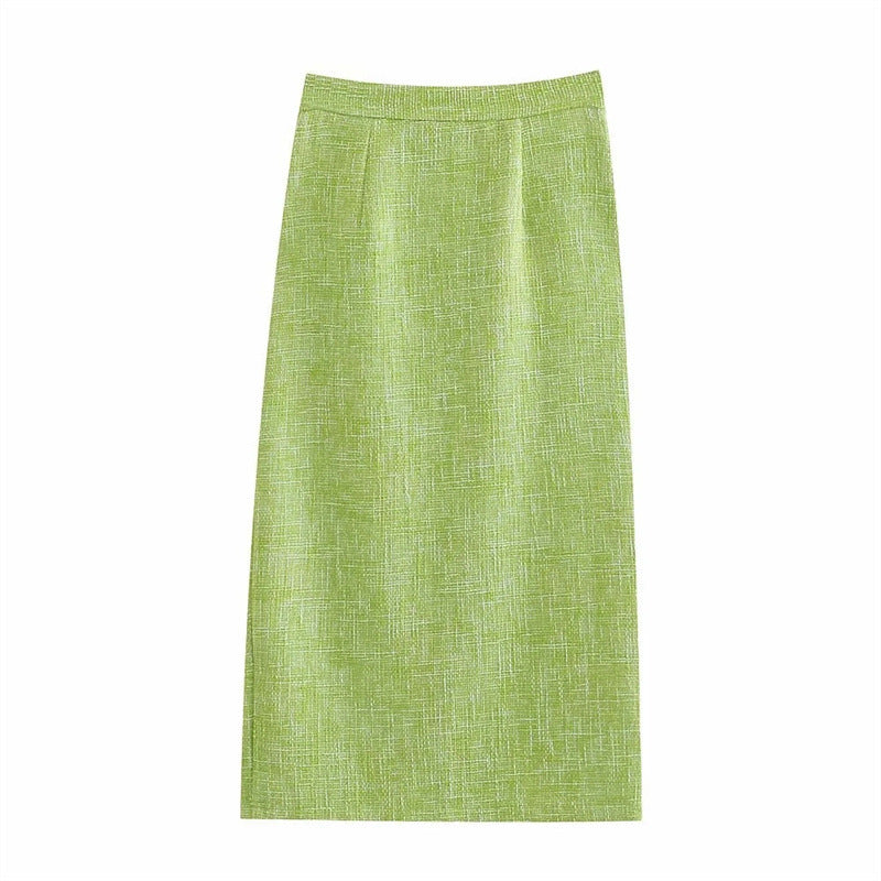 Women's Green Textured Slit High Waist Midi Skirt