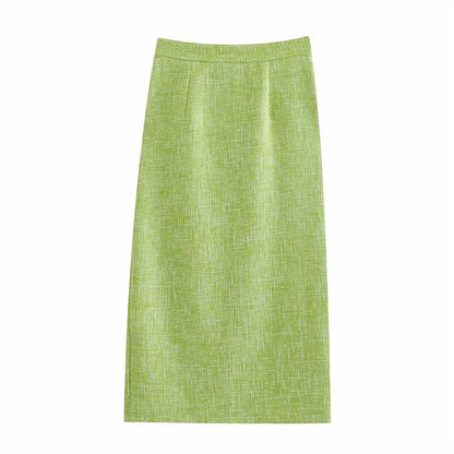 Women's Green Textured Slit High Waist Midi Skirt