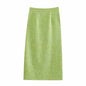 Women's Green Textured Slit High Waist Midi Skirt