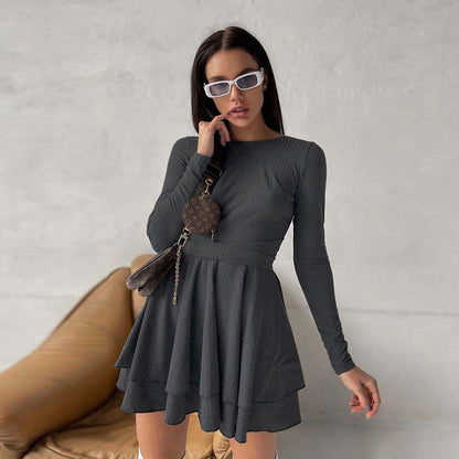 Women's Fashion Elegant Slim Fit Backless Tied Long Sleeves Dress