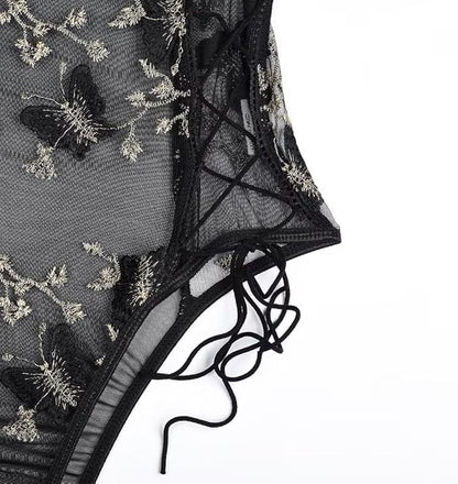 Butterfly Lace Bodysuit – Elegant Short Sleeve Women’s Pullover