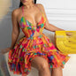 Hollow Out Strap V-neck Elegant Halter Printing Slip Dress