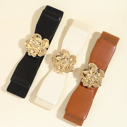 Elegant Women's Stretch Elastic Belt Metal Large Flower Needle Buckle Decorated Dress Shirt Waist Belt