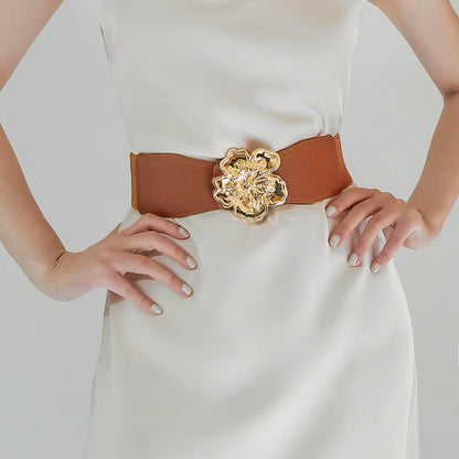 Elegant Women's Stretch Elastic Belt Metal Large Flower Needle Buckle Decorated Dress Shirt Waist Belt