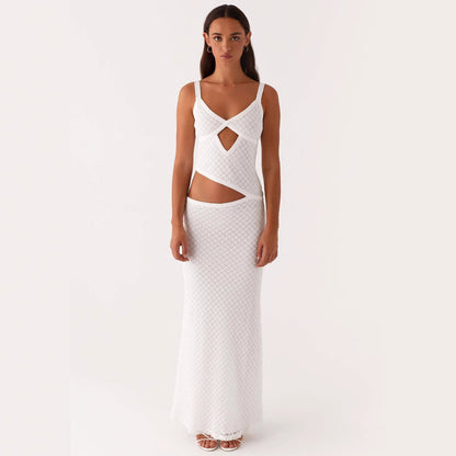 Fashionable, Elegant And Sexy Sling Solid Color Hollow Mesh Dress