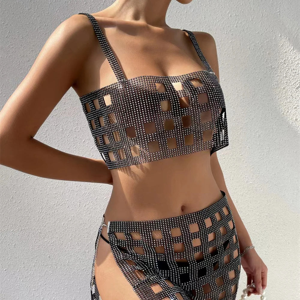Sexy Fishnet Rhinestone Halterneck With Suspenders Hollow Vest Skirt